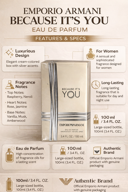 Emporio Armani Because It’s You Eau de Parfum 100ml for Women – Long Lasting Floral Fruity Fragrance with Raspberry, Rose & Vanilla – Premium Designer Perfume for Her