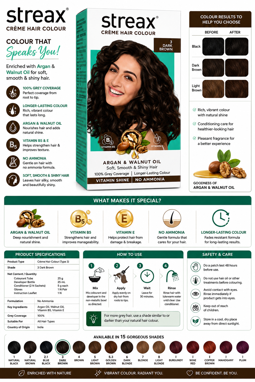 Streax Crème Hair Colour, Shade 3 Dark Brown, 100% Grey Coverage, Enriched with Argan & Walnut Oil, Vitamin B5 & E, Ammonia Free, Long-Lasting Colour