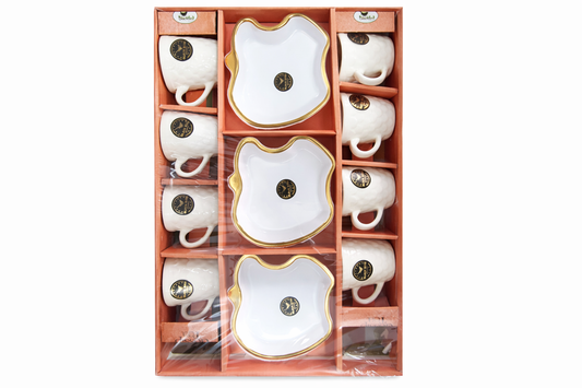 Premium Porcelain Coffee Mug Set with Gold Trim (7 Pieces) – 6 Textured Cups + 3 Designer Saucers | 195 ml Tea Cup Set | Elegant Dinnerware Gift Set | Dishwasher Safe