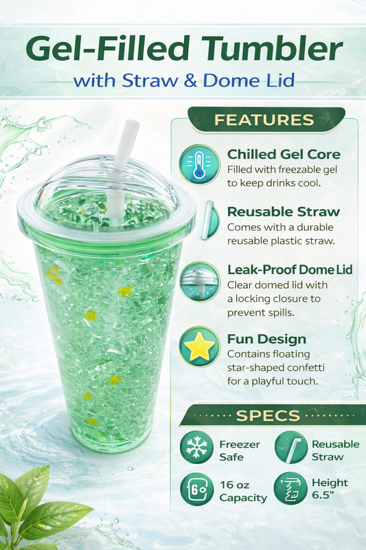 Gel-Filled Tumbler with Straw & Dome Lid 16oz | Freezer Safe Cooling Cup | Reusable Straw | Leak-Proof Lid | Insulated Cold Drink Cup for Juice, Smoothies & Beverages