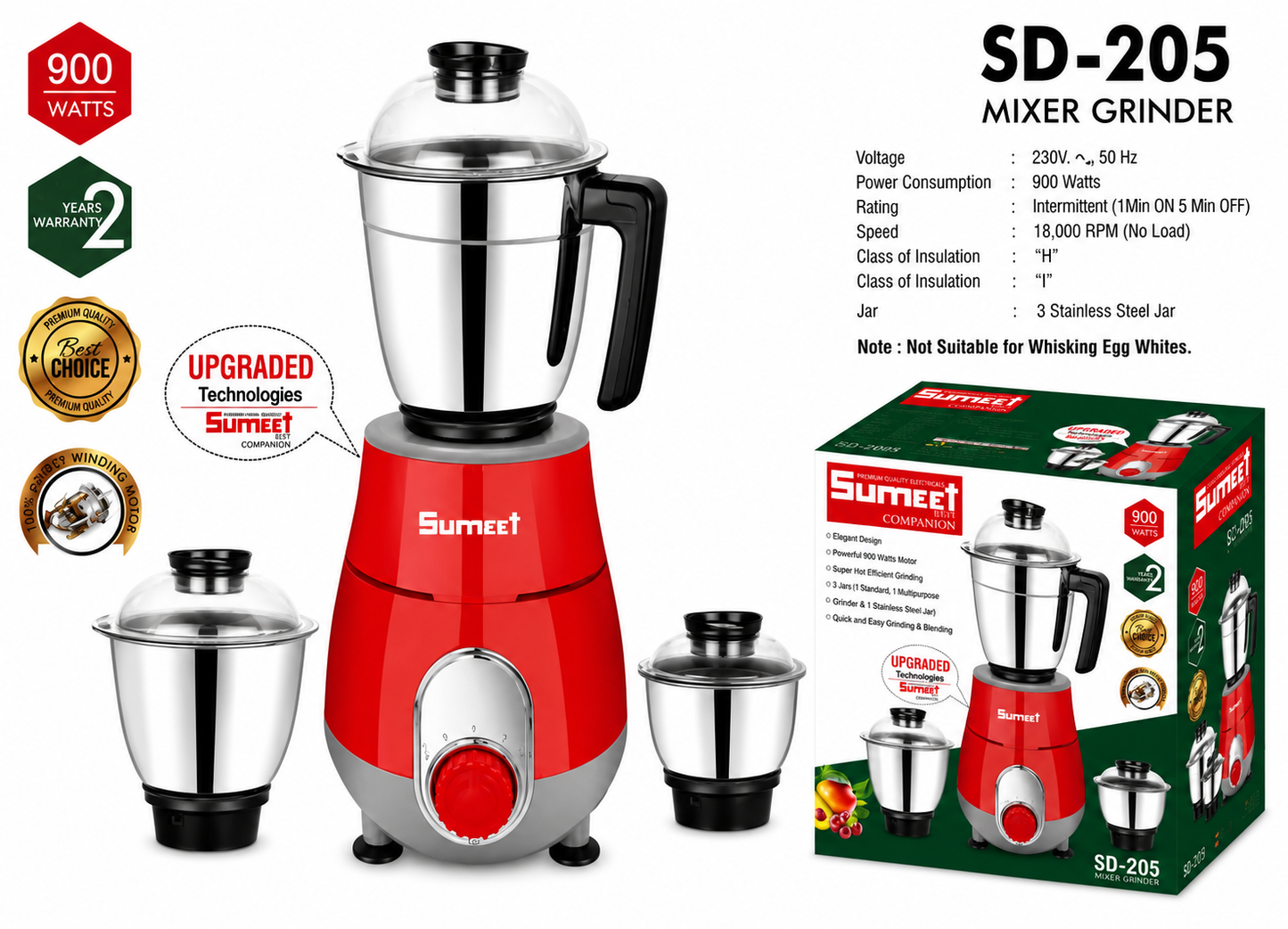 Sumeet SD-205 Mixer Grinder 900 Watts | 4 Jars Including Bullet Jar | Stainless Steel Jars | Heavy Duty Copper Motor | 3 Speed Control | Overload Protection | 2 Years Warranty