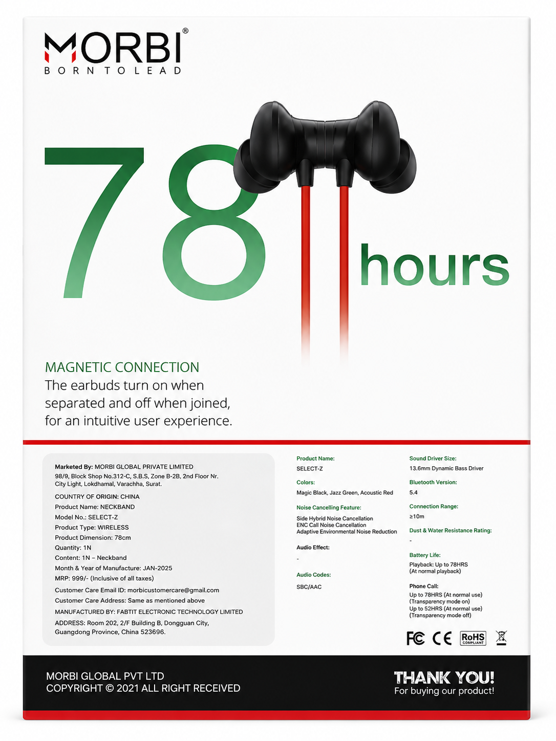 MORBI SELECT-Z Wireless Bluetooth Neckband Earphones with Mic, 78 Hours Playback, Bluetooth 5.4, Magnetic Earbuds, Deep Bass, HD Mic, Type-C Fast Charging, Sweat & Splash Resistant, Lightweight Neckband, Black & Red