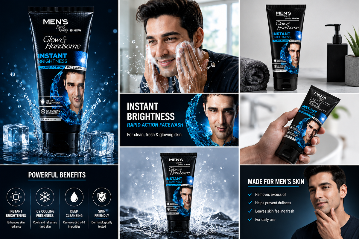Men's Glow & Handsome Fairness Face Wash, Deep Cleansing & Oil Control Face Wash for Men, Refreshing Menthol Formula with Niacinamide & Glycerin, Daily Facial Cleanser, 50g