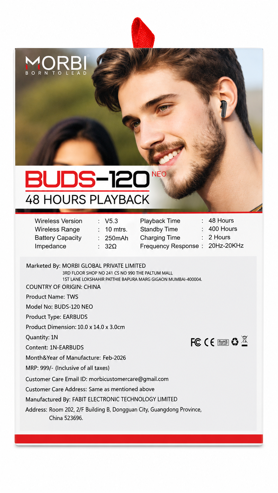 Morbi BUDS-120 NEO True Wireless Earbuds, Bluetooth 5.3, 48 Hours Playback, 13mm Driver, HD Stereo Sound, Touch Control, Low Latency Gaming Mode, Type-C Charging, IPX4