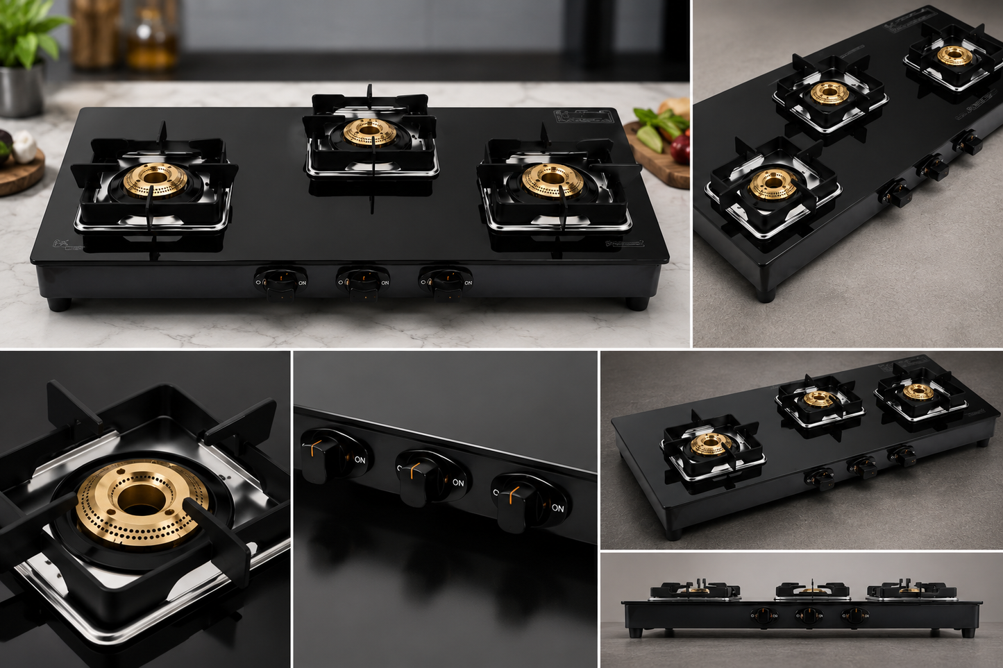 SR-397 Square-40 Super Black 3 Burner Gas Stove | Toughened Glass Top | Brass Burners | Stainless Steel Black Frame | Heavy Duty Pan Support | Manual Ignition LPG Gas Stove
