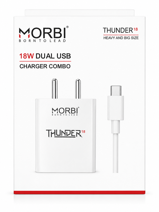 MORBI Thunder18 18W Dual USB Charger with 1M Type-C Cable, Fast Charging Adapter for Smartphone, Tablet, Earbuds, Smartwatch & Power Bank, 2 USB-A Ports, Intelligent Safety Protection, White