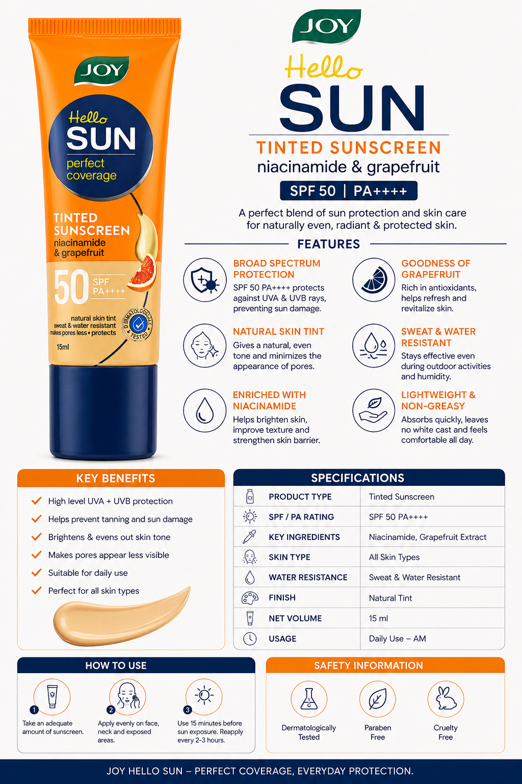 Joy Hello Sun Tinted Sunscreen SPF 50 PA++++ with Niacinamide & Grapefruit | Broad Spectrum UVA/UVB Protection | Sweat & Water Resistant | Lightweight Non-Greasy Formula | Natural Skin Tint | 15 ml