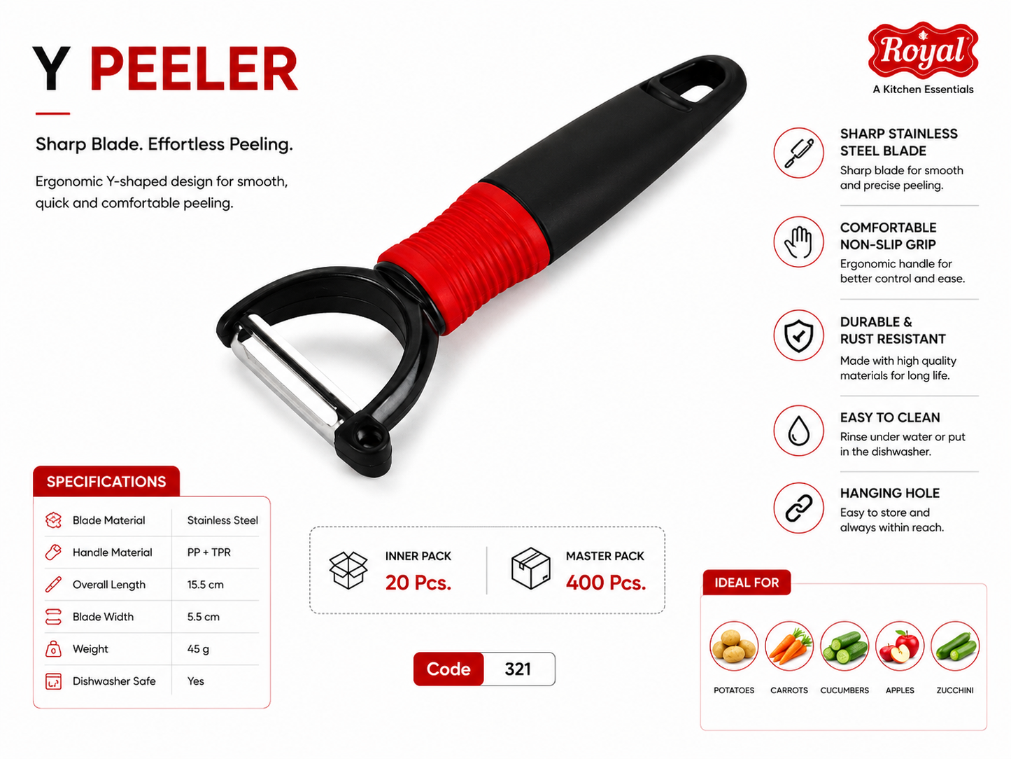 Royal Y Peeler for Kitchen, Stainless Steel Sharp Blade Vegetable & Fruit Peeler, Ergonomic Non-Slip Handle, Rust Resistant, Easy to Clean Potato Carrot Cucumber Apple Peeler, Black & Red