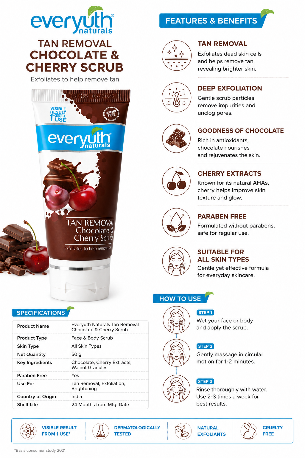 Everyuth Naturals Tan Removal Chocolate & Cherry Scrub, Deep Exfoliating Face & Body Scrub with Walnut Granules & Cherry Extracts, Paraben Free, All Skin Types, 50g