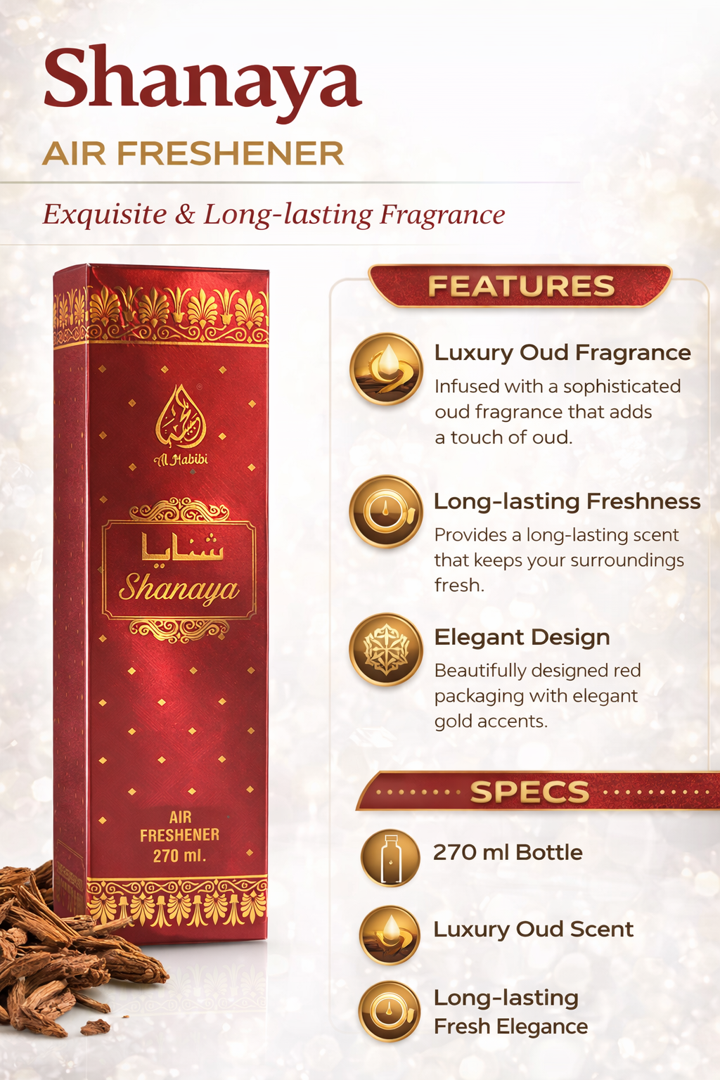 Shanaya Luxury Oud Air Freshener Spray 270ml | Long-Lasting Premium Oud Fragrance | Room, Car & Office Freshener | Elegant Home Fragrance Spray
