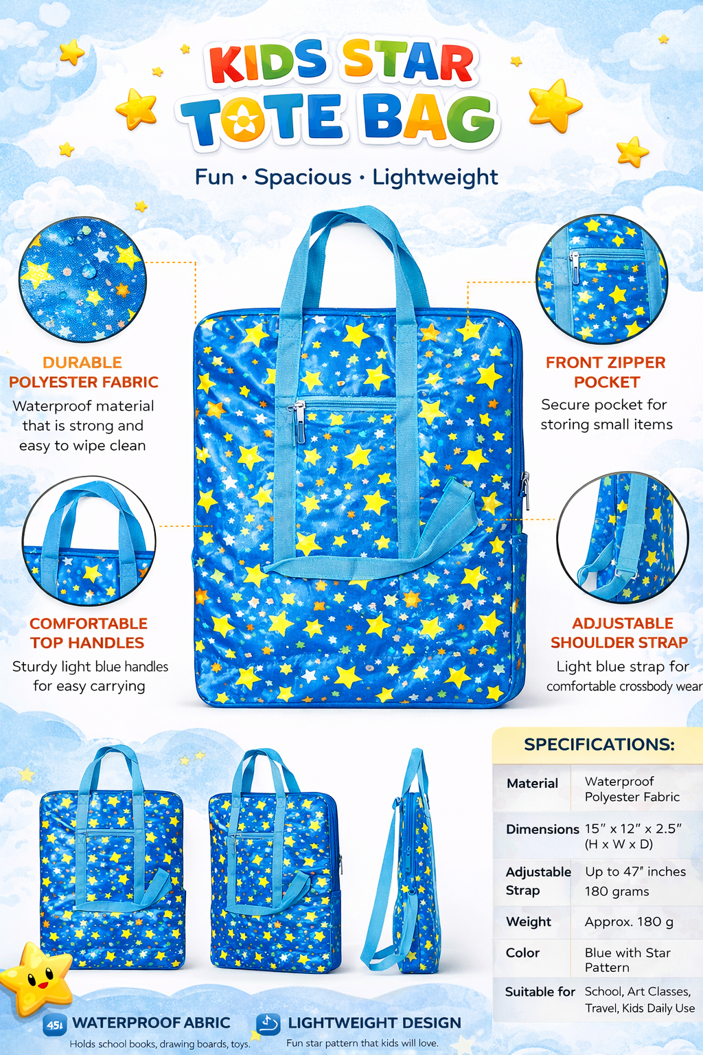 Kids Star Tote Bag for Boys & Girls, Waterproof Lightweight School Activity Bag with Adjustable Shoulder Strap, Blue