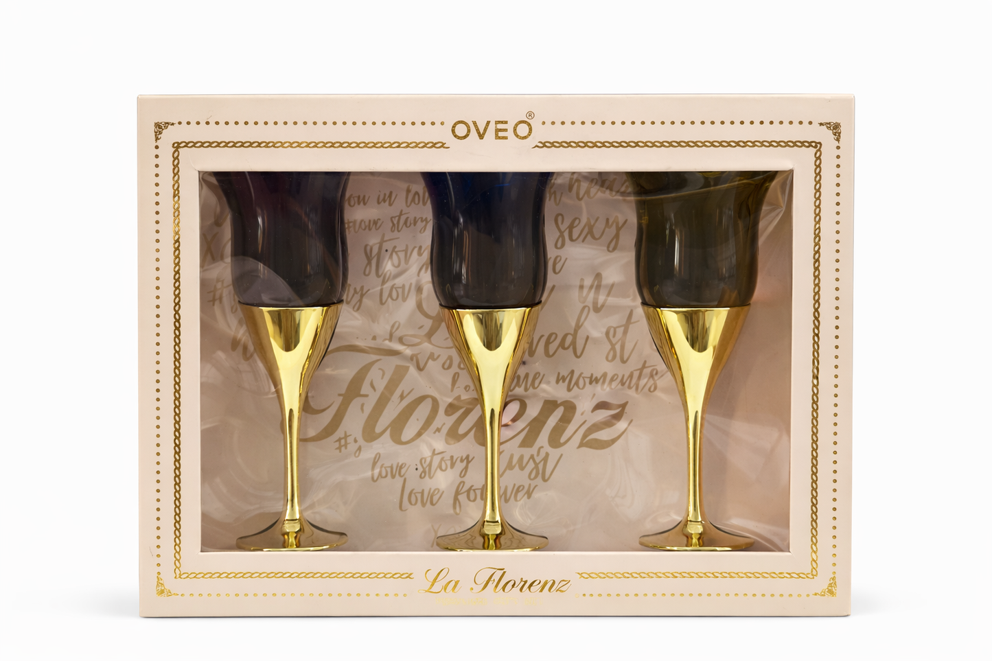OVEO La Florenz Smoked Glass Goblet Set, 3-Piece Premium Wine Glass Gift Set with Gold-Plated Stems