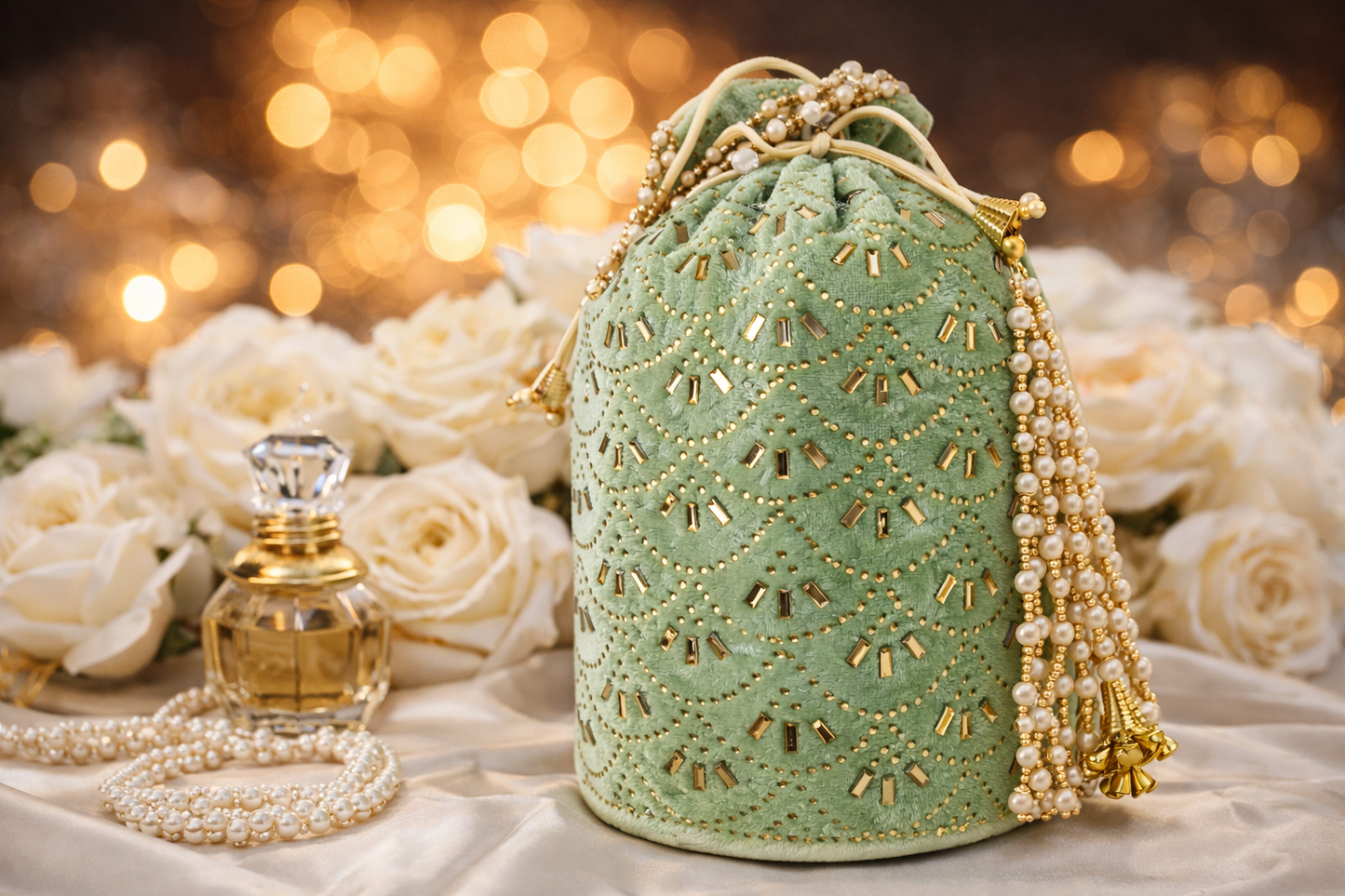 Mint Green Velvet Potli Bag for Women, Embroidered Drawstring Ethnic Clutch Purse with Pearl Tassels and Gold Beadwork