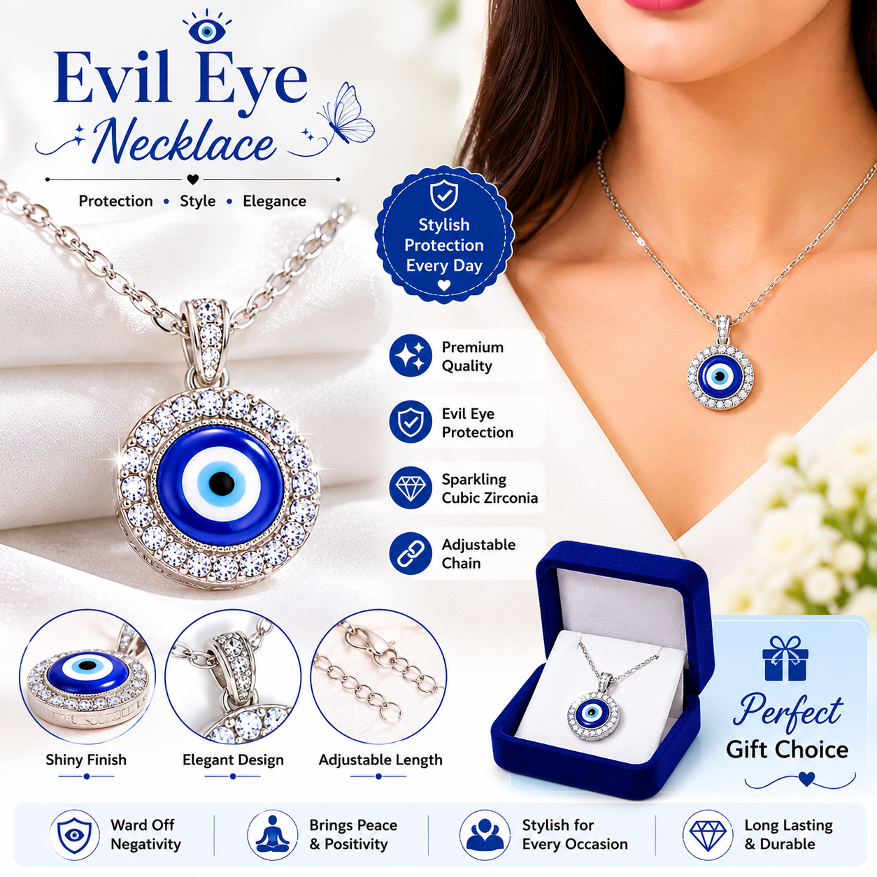 Evil Eye Pendant Necklace for Women | Crystal Studded Nazar Protection Necklace | Silver Plated Chain Pendant | Adjustable Chain | Fashion Jewelry Gift for Girls & Women