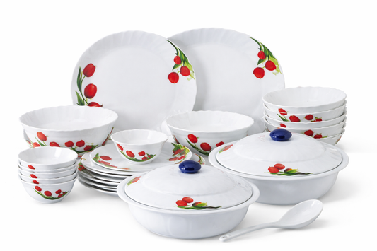 32-Piece Opal Dinner Set for 6 | Full Plates, Half Plates, Veg Bowls, Rice Plates, Donga with Lid & Serving Spoon