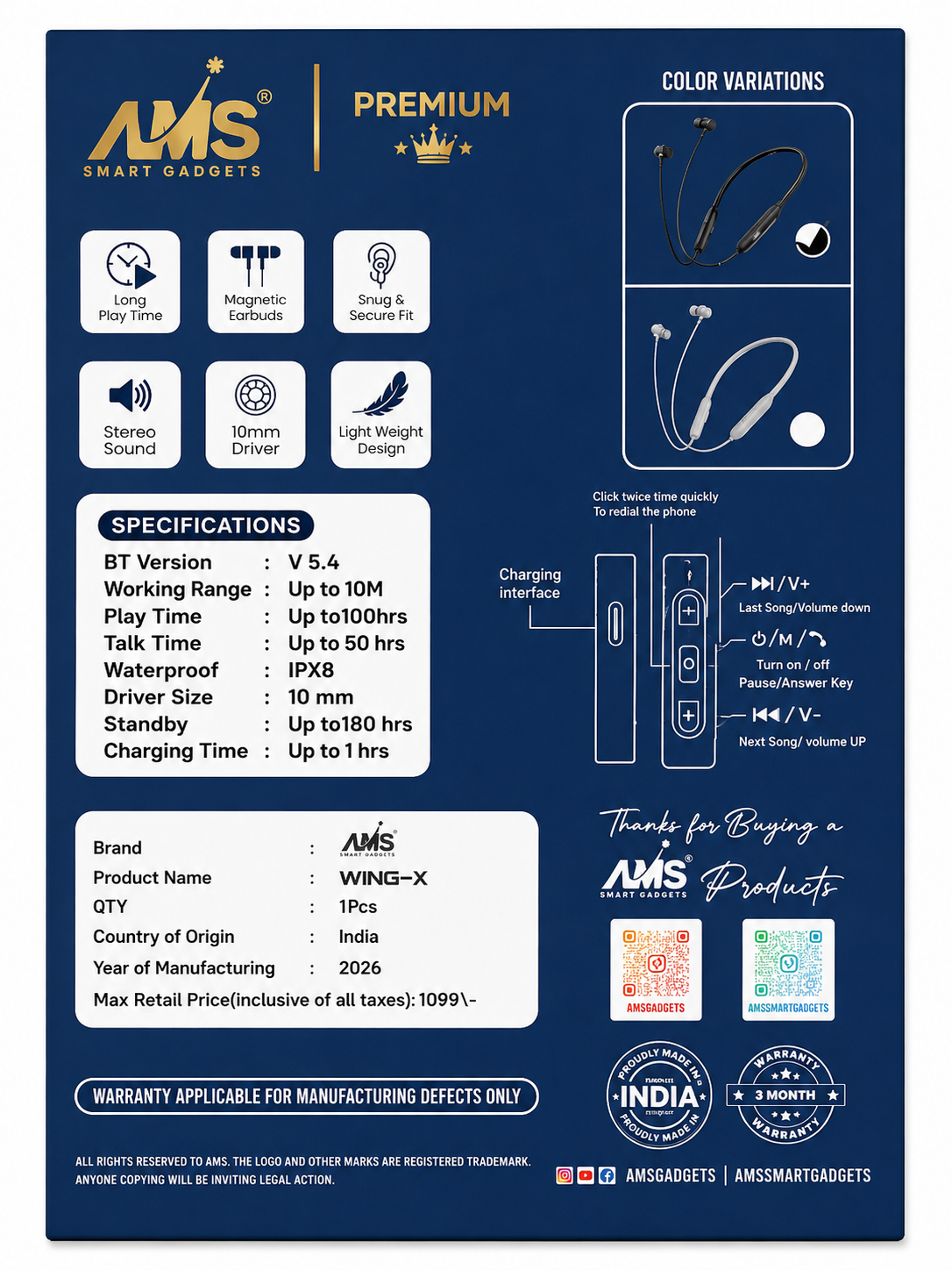 AMS WING-X Wireless Bluetooth Neckband Earphones with Mic, 100 Hours Playtime, Bluetooth 5.4, IPX8 Waterproof, Magnetic Earbuds, 10mm Driver, Stereo Sound, Lightweight Neckband, Fast Charging