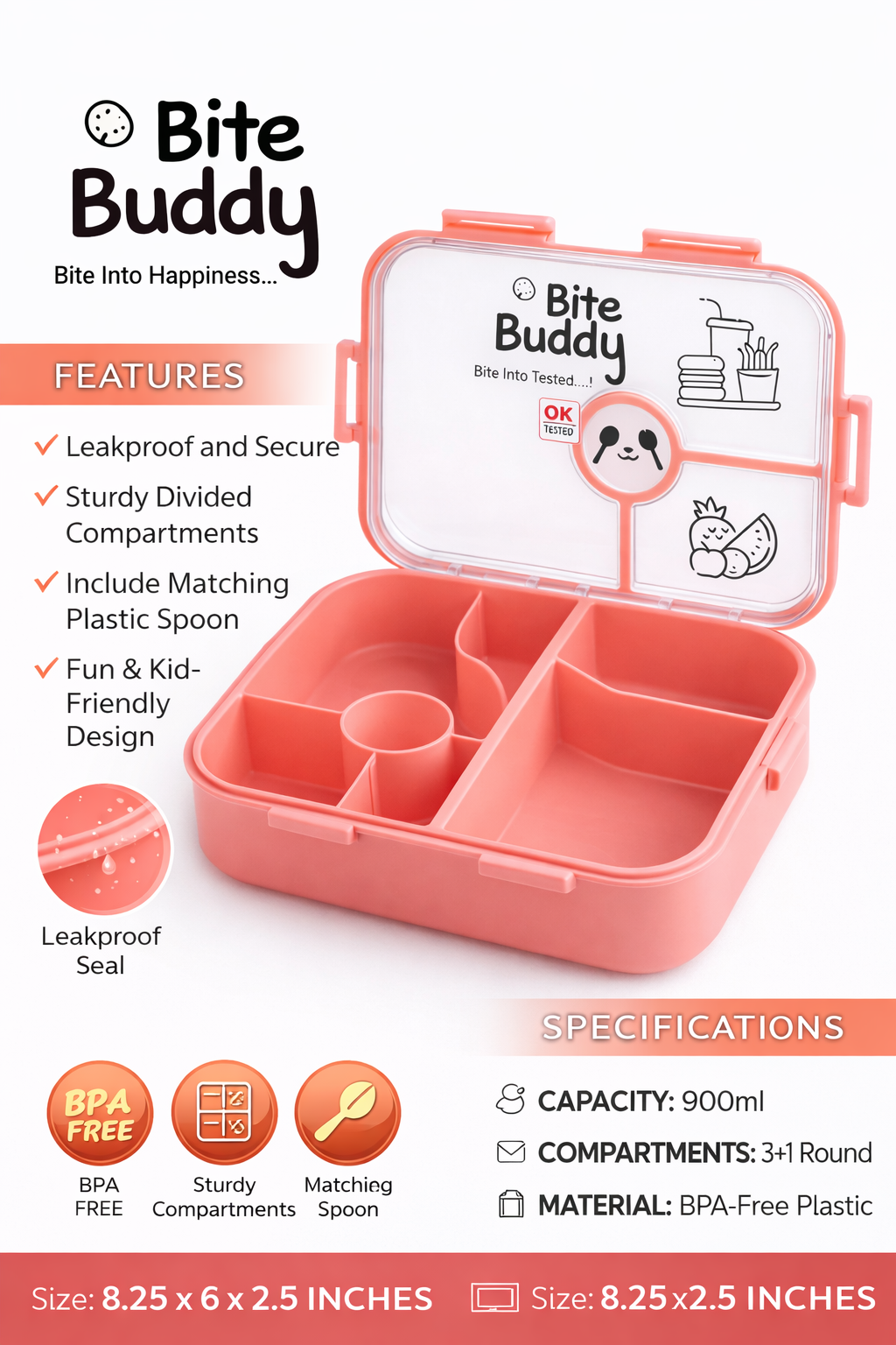 Bite Buddy Kids Lunch Box 900ml | Leakproof BPA-Free Tiffin Box with 3+1 Compartments & Spoon | Divided Lunch Box for School, Office & Travel | Cute & Durable Design