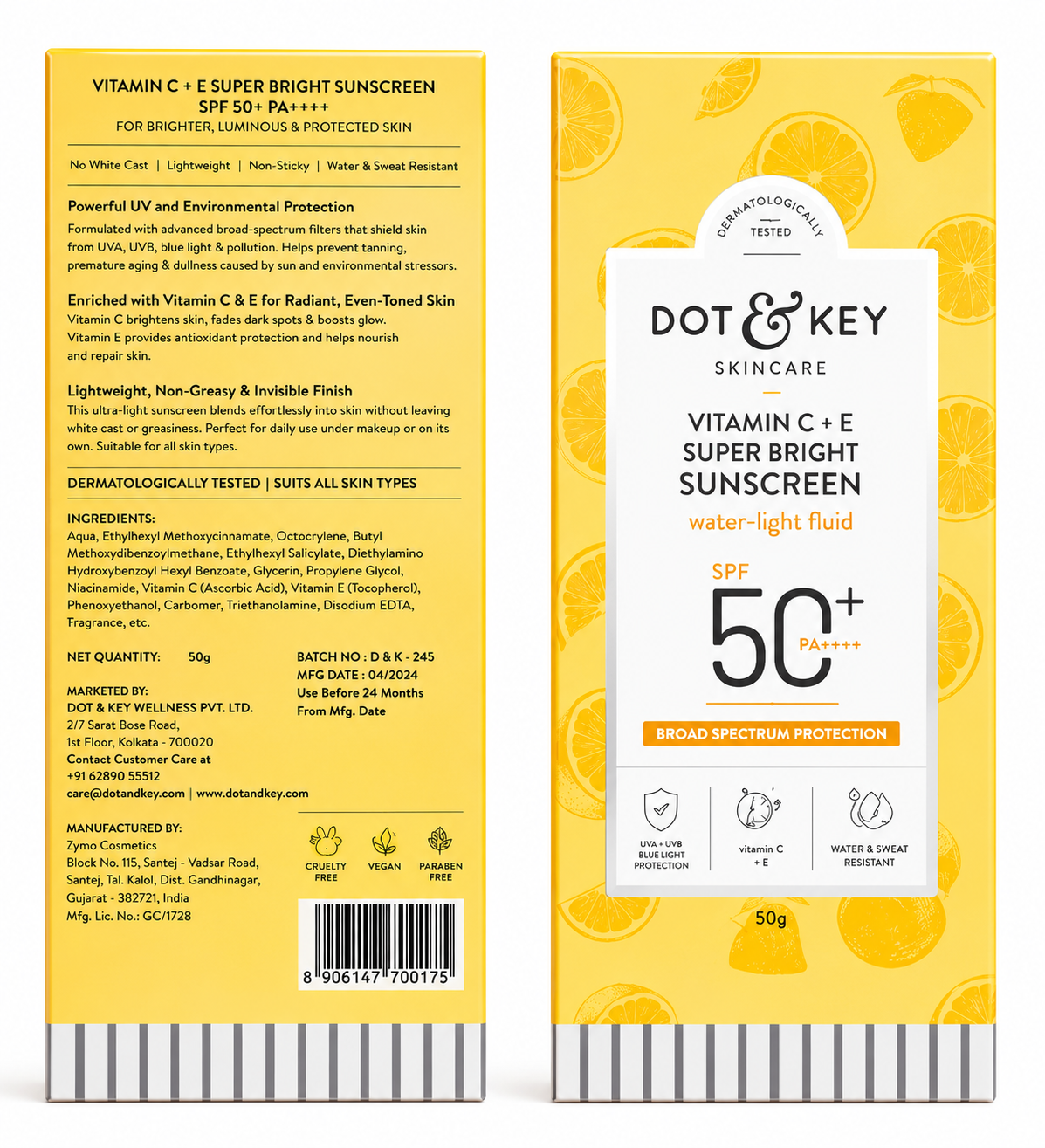 Dot & Key Vitamin C + E Super Bright Sunscreen SPF 50+ PA++++ | Water-Light Fluid Sunscreen | Broad Spectrum UVA/UVB Protection | No White Cast | Lightweight & Non-Sticky | 50g