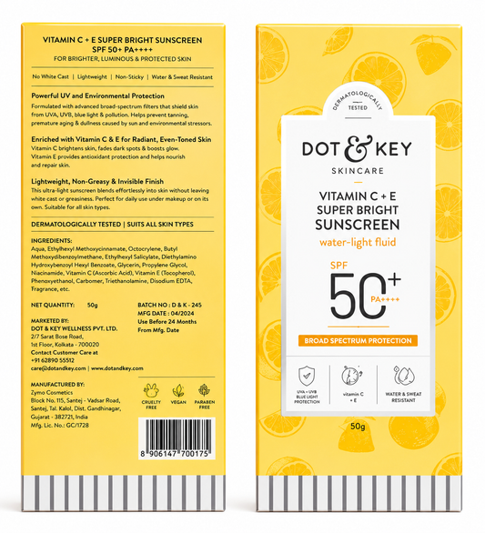 Dot & Key Vitamin C + E Super Bright Sunscreen SPF 50+ PA++++ | Water-Light Fluid Sunscreen | Broad Spectrum UVA/UVB Protection | No White Cast | Lightweight & Non-Sticky | 50g