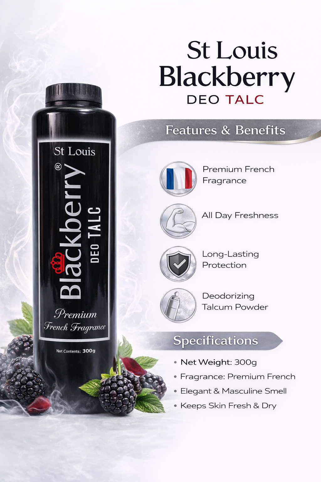 St Louis Blackberry Deo Talc Powder 300g | Long Lasting Deodorizing Talcum Powder | Premium French Fragrance | Keeps Skin Fresh & Dry All Day