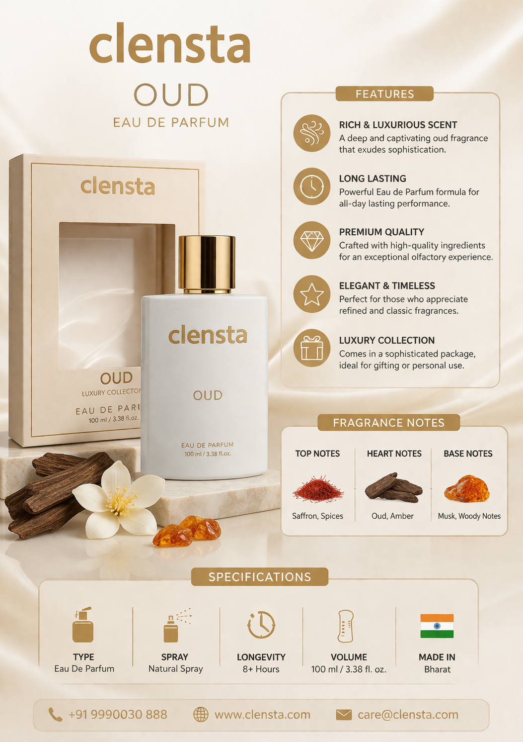 Clensta OUD Eau De Parfum for Men 100ml – Long Lasting Premium Oud Perfume | Rich Woody Musky Fragrance | Luxury Collection Scent