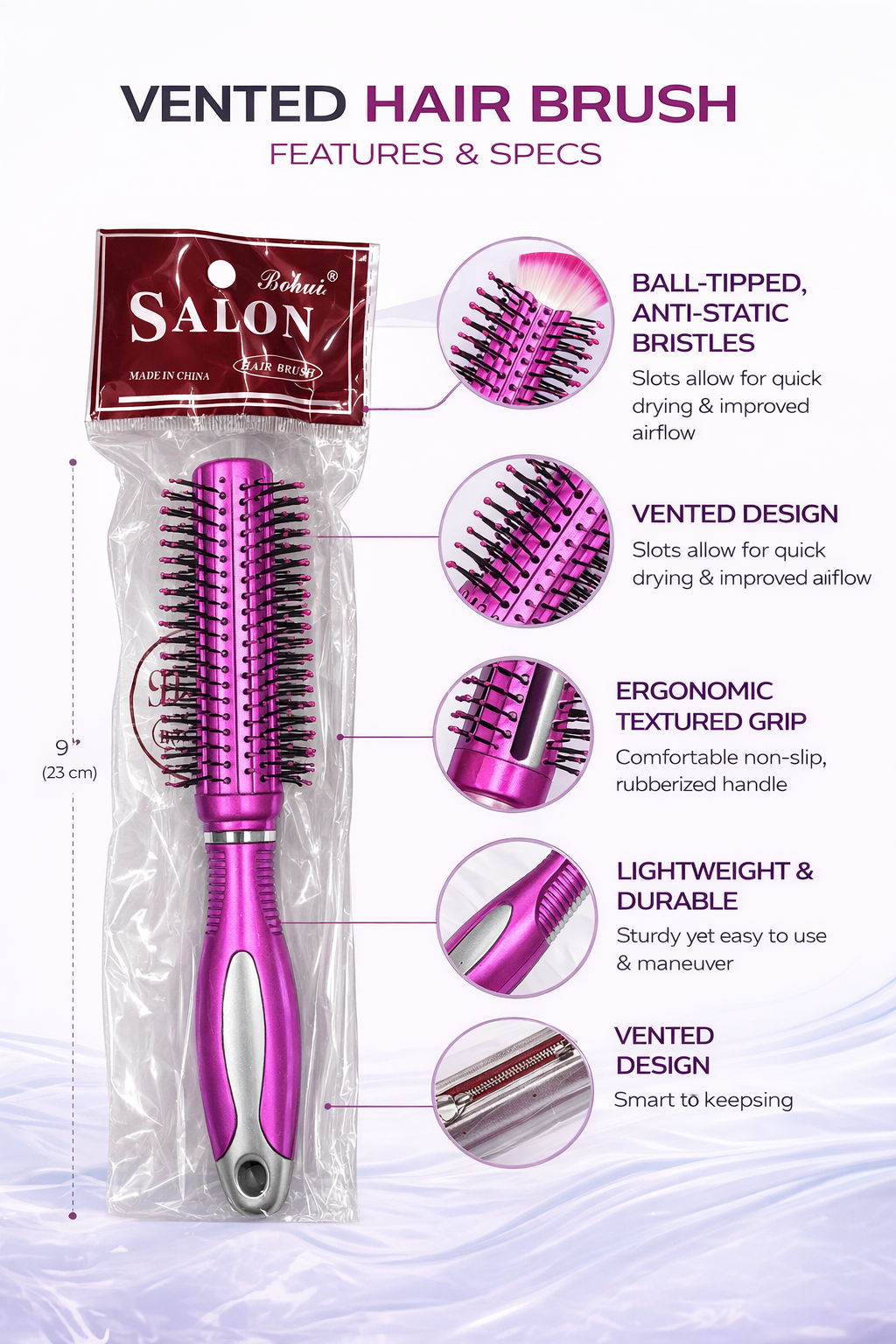 Vented Hair Brush for Blow Drying – Round Styling Brush with Ball-Tipped Anti-Static Bristles – Lightweight Salon Hair Brush with Ergonomic Grip for Fast Drying & Volume Styling