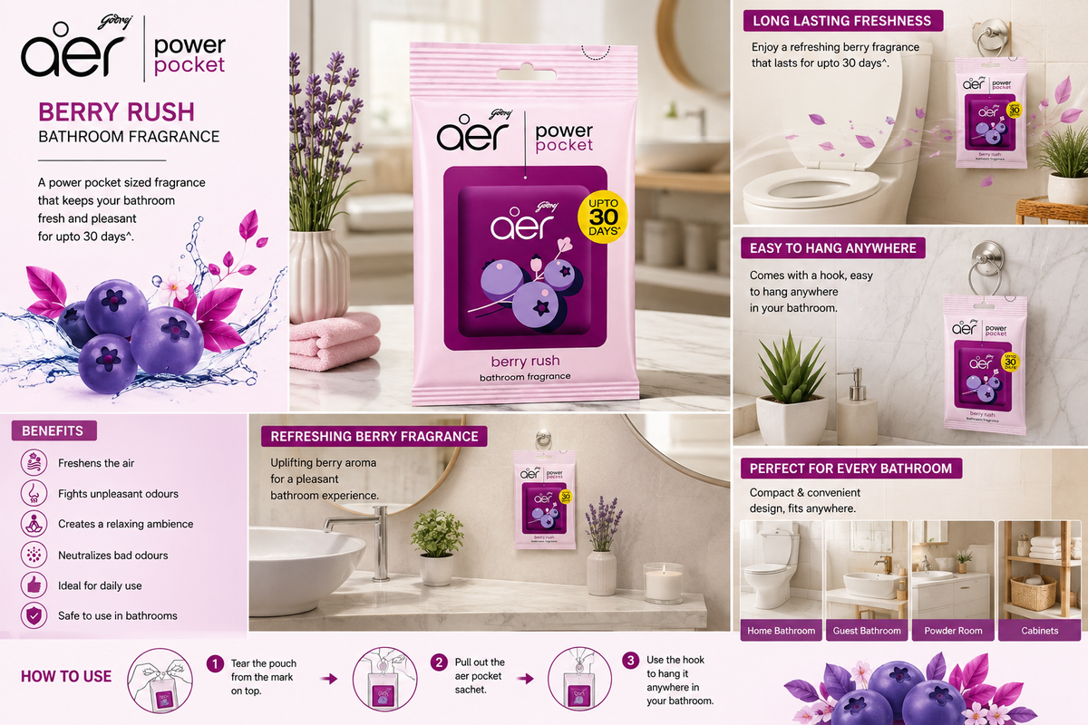 Godrej aer Power Pocket Berry Rush Bathroom Fragrance, Long Lasting Air Freshener for Bathroom, Toilet & Small Spaces, Pocket Sachet with Hook, Up to 30 Days Fragrance