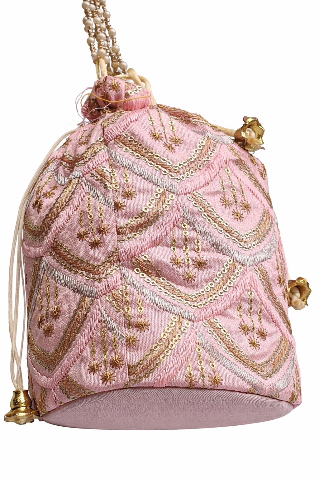 Blush Pink Potli Bag for Women, Embroidered Drawstring Clutch with Pearl Beads, Gold and Silver Sequin Work