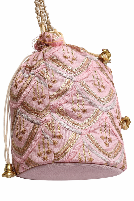 Blush Pink Potli Bag for Women, Embroidered Drawstring Clutch with Pearl Beads, Gold and Silver Sequin Work