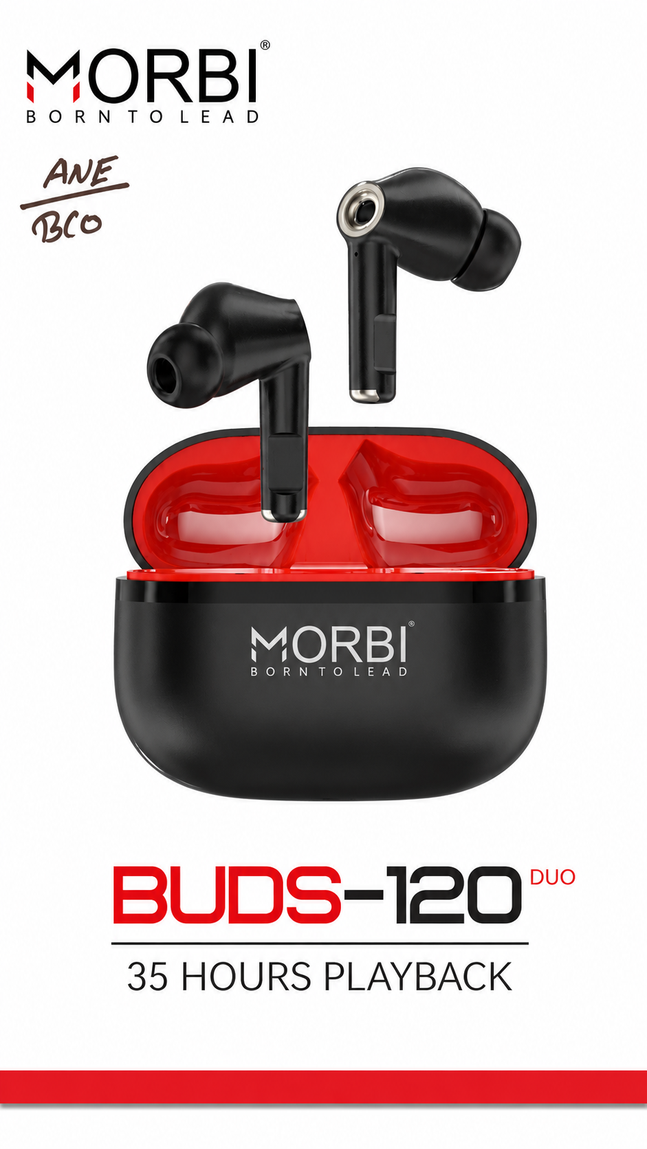 Morbi BUDS-120 DUO True Wireless Earbuds, Bluetooth 5.3, Up to 35 Hours Playback, Hi-Fi Audio, Powerful Bass, Dual Mic ENC, Touch Control, Type-C Fast Charging, IPX4 Sweat & Splash Resistant