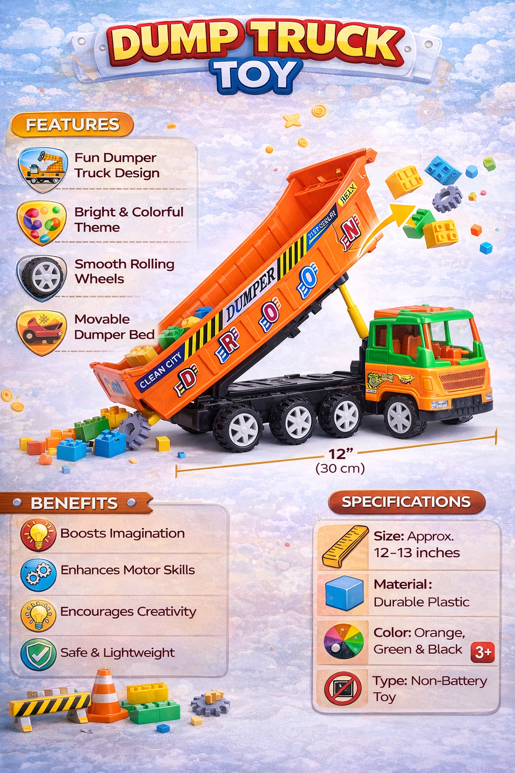 Dump Truck Toy for Kids, 12 Inch Big Dumper Truck with Movable Bed, Construction Vehicle Toy with Smooth Wheels, Non-Battery Toy for Boys & Girls (3+ Years)