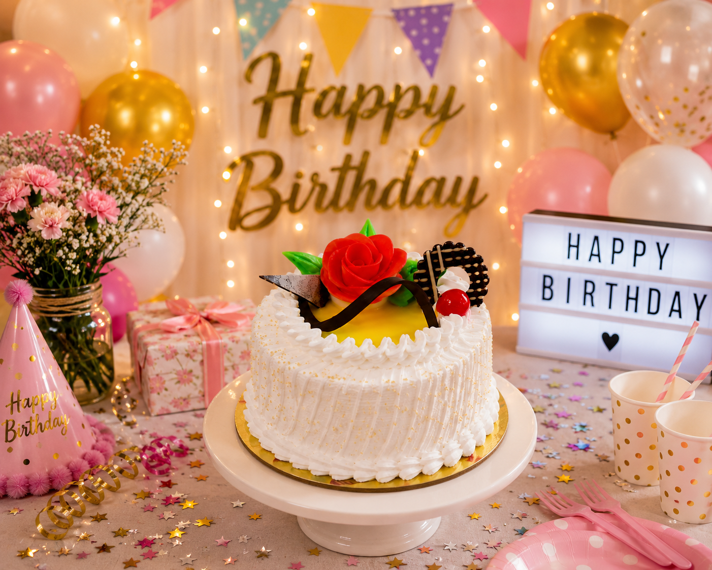 Premium Pineapple Fresh Cream Cake (500 grams) | Designer Pineapple Cake with Rose Decoration | Birthday Cake | Anniversary Cake | Celebration Cake | Eggless Cake Option