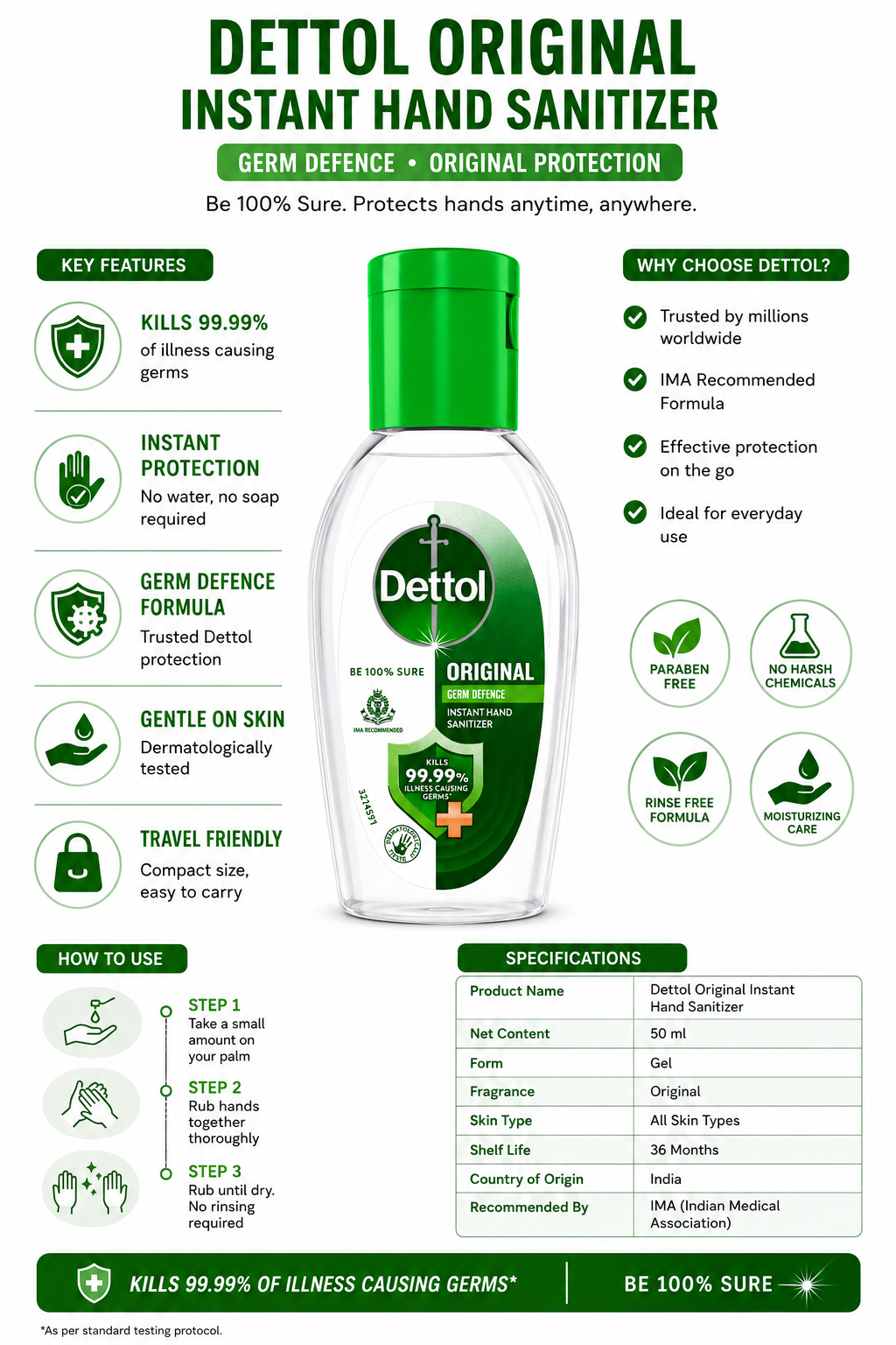 Dettol Original Instant Hand Sanitizer Gel, Quick-Drying No-Rinse Hand Sanitizer for Everyday Hand Hygiene, Travel & On-the-Go Use, 50 ml