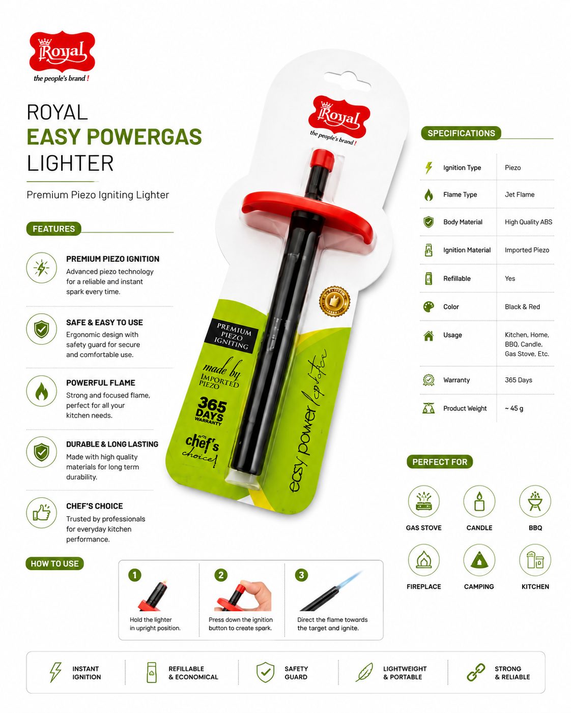 Royal Easy Powergas Lighter for Kitchen Gas Stove | Premium Piezo Ignition Gas Lighter | Refillable Jet Flame Lighter | Safety Guard | Lightweight & Portable | Black & Red | 365 Days Warranty