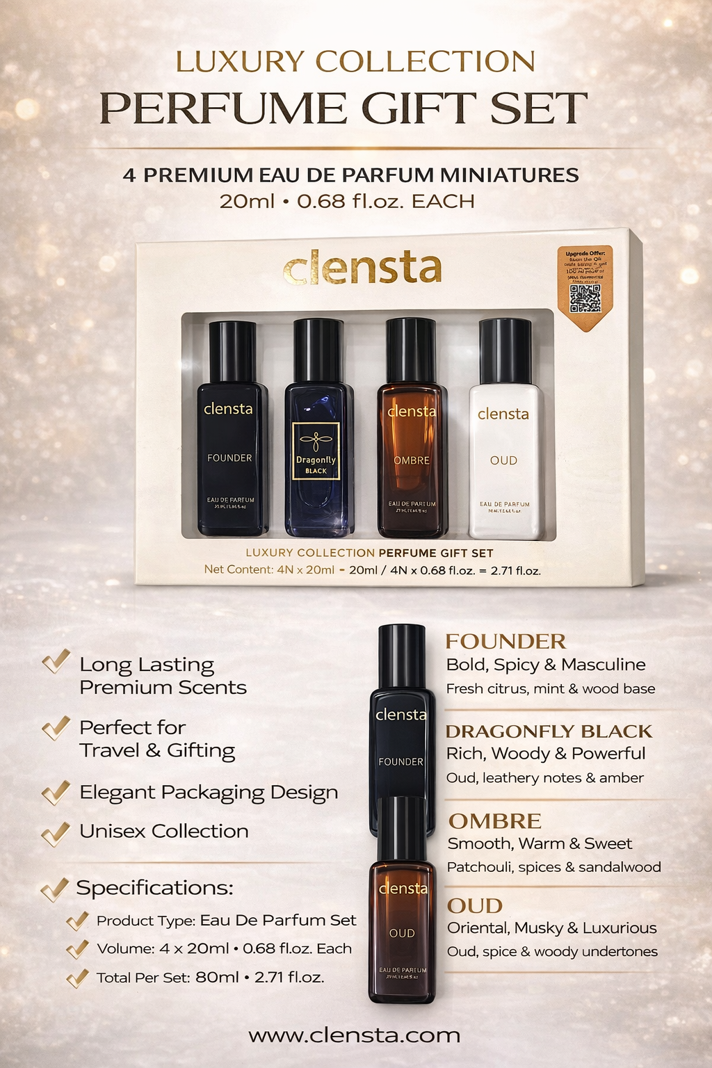 Clensta Luxury Perfume Gift Set for Men & Women – 4 x 20ml Eau De Parfum Miniatures (Founder, Dragonfly Black, Ombre, Oud) | Long Lasting Travel Size Fragrance Set