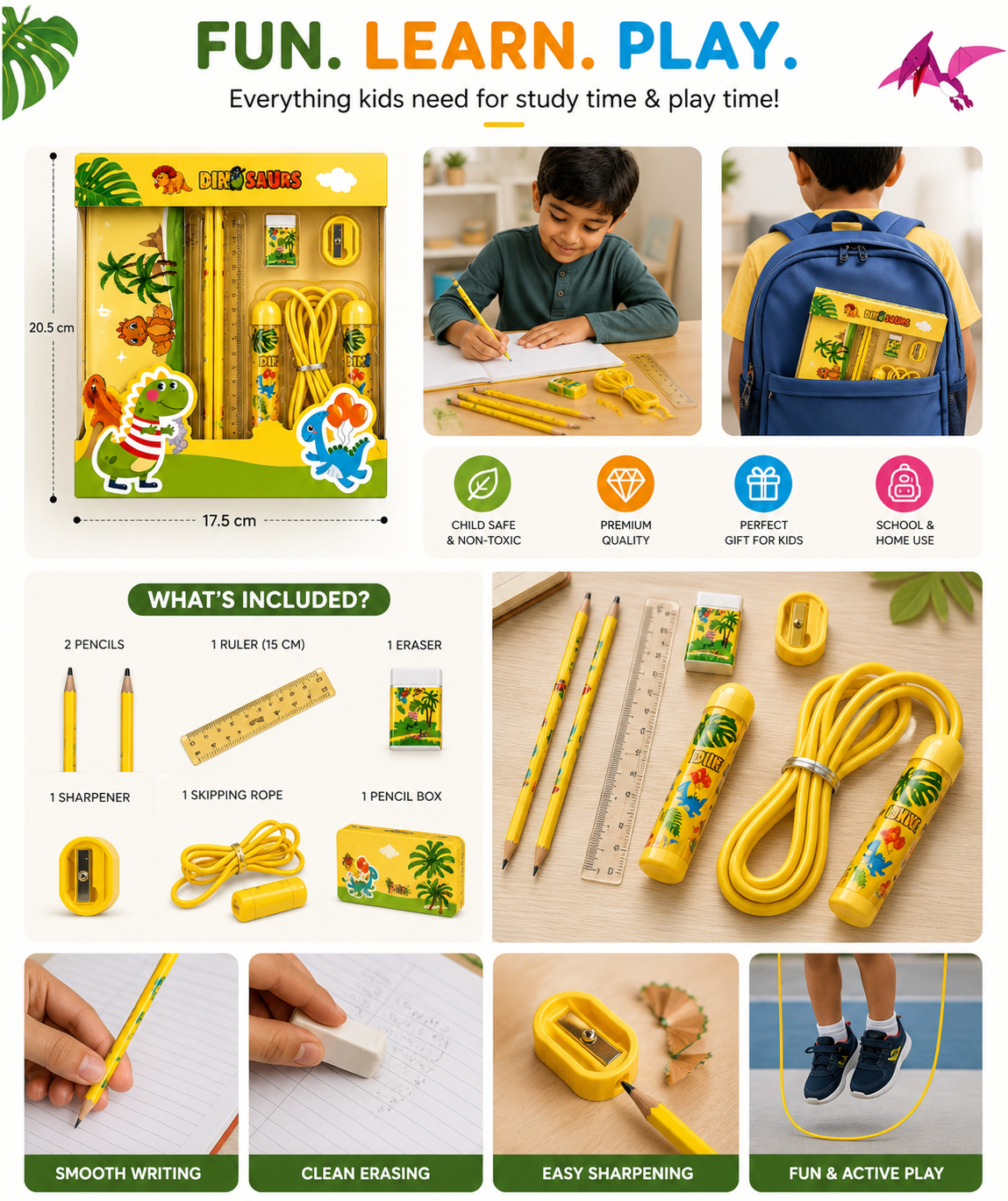 Dinosaur 7-Piece Stationery & Activity Set for Kids – Includes Metal Pencil Box, 2 Pencils, 15cm Ruler, Eraser, Sharpener & Skipping Rope – Prehistoric Back to School Gift for Boys & Girls, Yellow