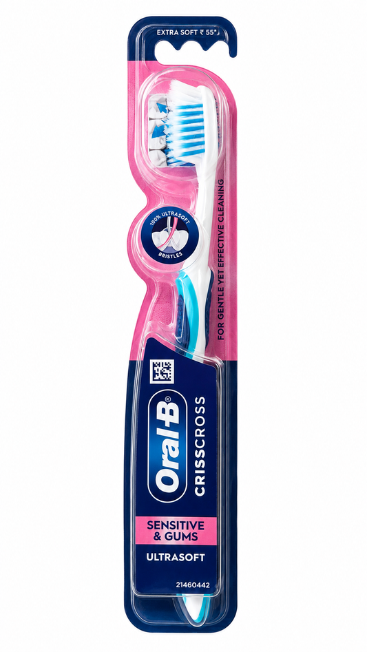 Oral-B CrossAction Sensitive & Gums Ultrasoft Toothbrush, Extra Soft Bristles for Gentle Cleaning, Sensitive Teeth & Gum Care, Ergonomic Comfort Grip Handle with Protective Head Cover