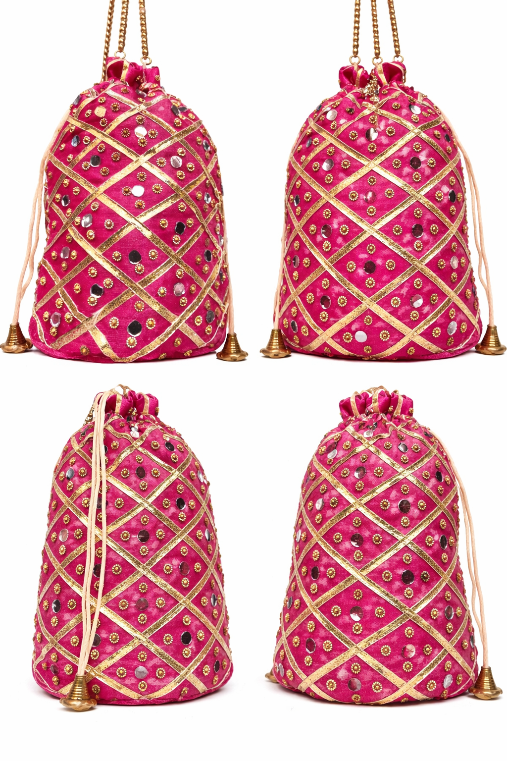 Magenta Potli Bag for Women, Embroidered Drawstring Clutch with Rhinestones, Golden Lattice Design,