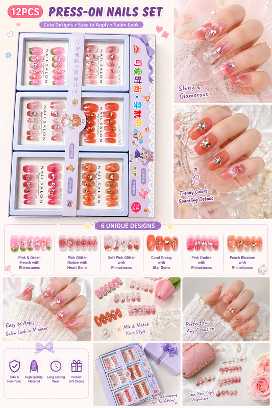 Harmal Store 12 Pcs 1 box Press-On Nails Set with Cute Rhinestone & Glitter Designs