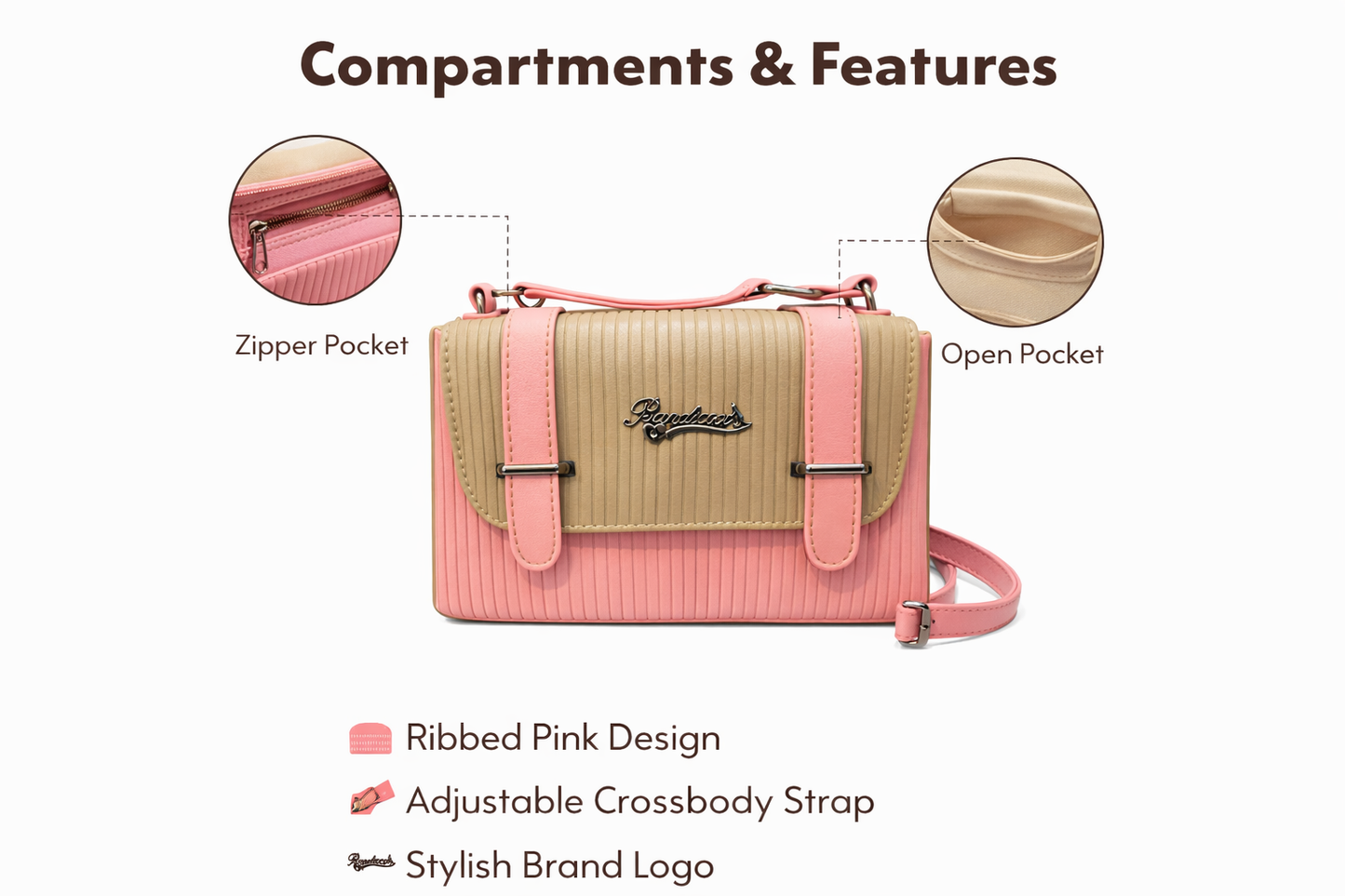Pink Crossbody Handbag for Women | Stylish Two-Tone Ribbed Shoulder Bag with Adjustable Strap