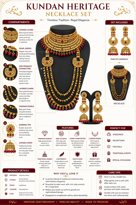 Kundan Heritage Necklace Set for Women | Bridal Kundan Jewelry Set with Ruby Beads & Jhumka Earrings | Traditional Indian Wedding Necklace