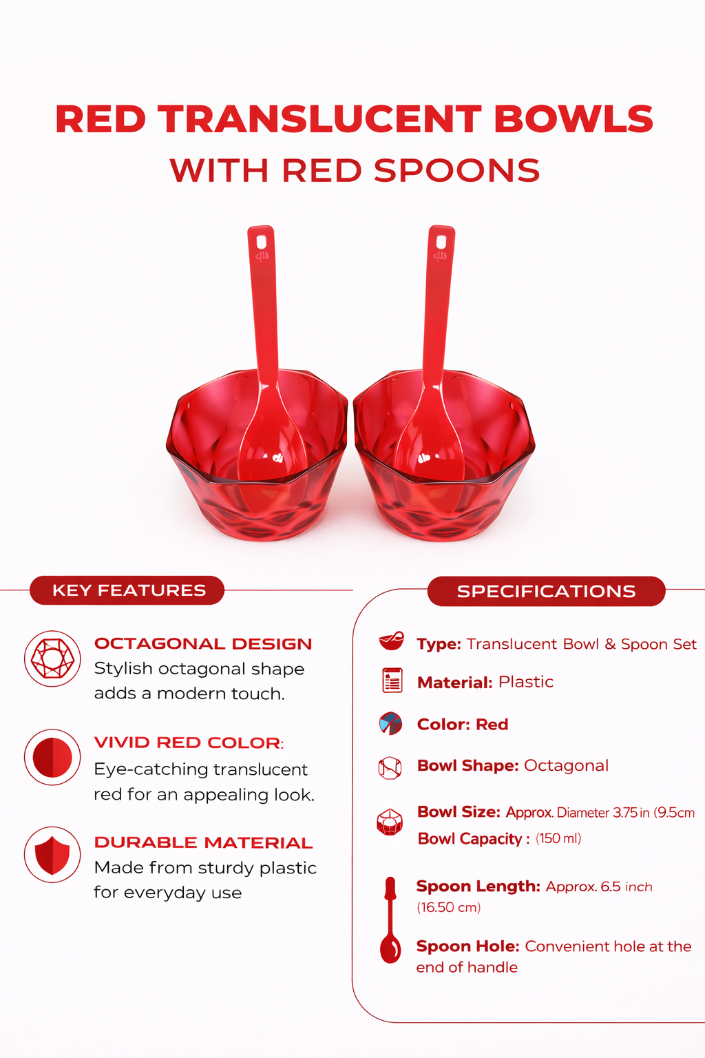 Red Translucent Bowl & Spoon Set (2-Piece) – Stylish Octagonal Plastic Snack & Dessert Bowls with Spoons