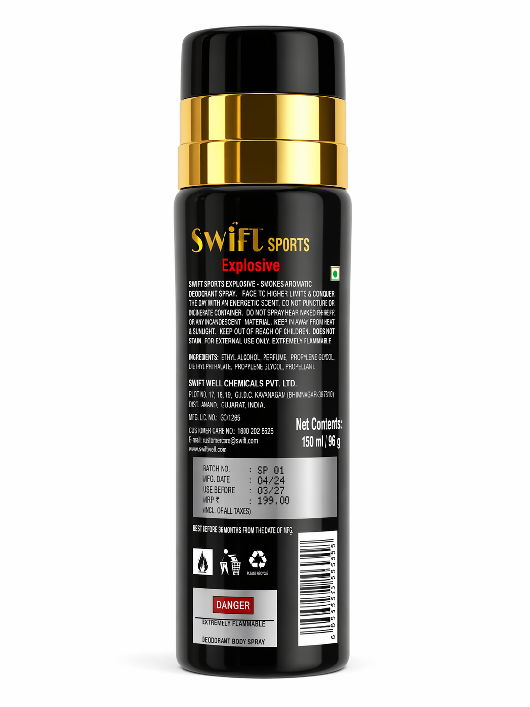 Swift Sports Dynamite Body Deodorant for Men, 200ml | Bold Spicy Fragrance | High-Performance Odour Protection