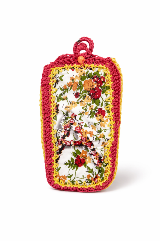 Handmade Crochet Phone Pouch for Women, Floral Fabric Mobile Cover with Side Pocket, Bead Closure and Colorful Yarn Design, Multicolor