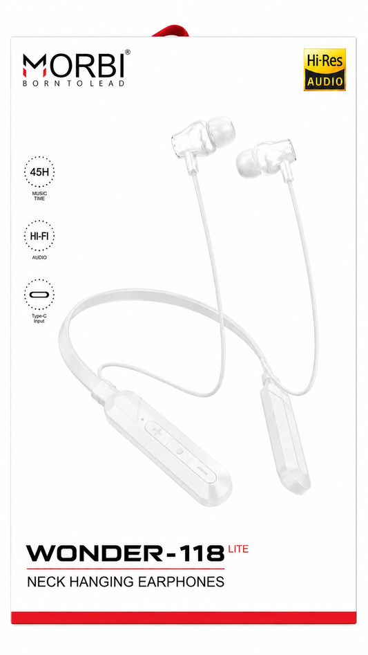 MORBI WONDER-118 LITE Bluetooth Neckband Earphones, Up to 45 Hours Playback, Hi-Fi Audio, Deep Bass, Bluetooth 5.3, Built-in Mic, Type-C Fast Charging, Magnetic Earbuds, Lightweight & Comfortable, Wireless Neckband for Music, Calls & Travel