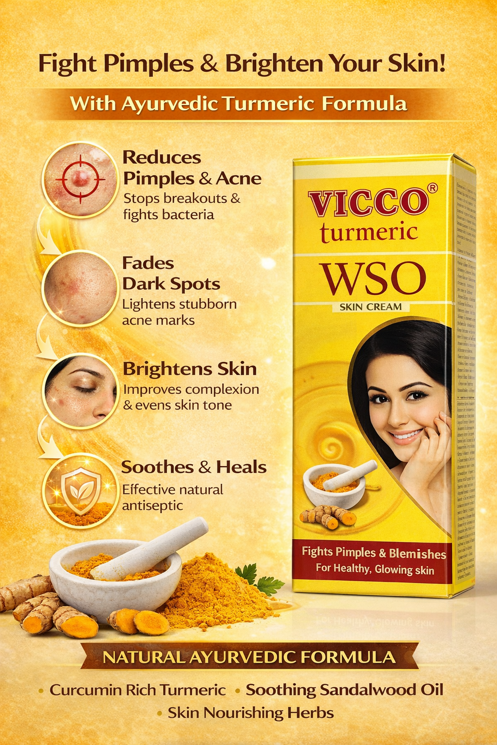 Vicco Turmeric WSO Skin Cream | Ayurvedic Anti Acne Cream for Pimples, Dark Spots, Blemishes & Glowing Skin