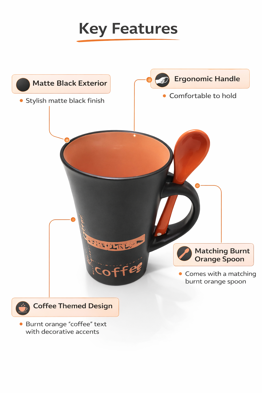 Ceramic Coffee Mug with Spoon | Matte Black Coffee Cup with Burnt Orange Interior