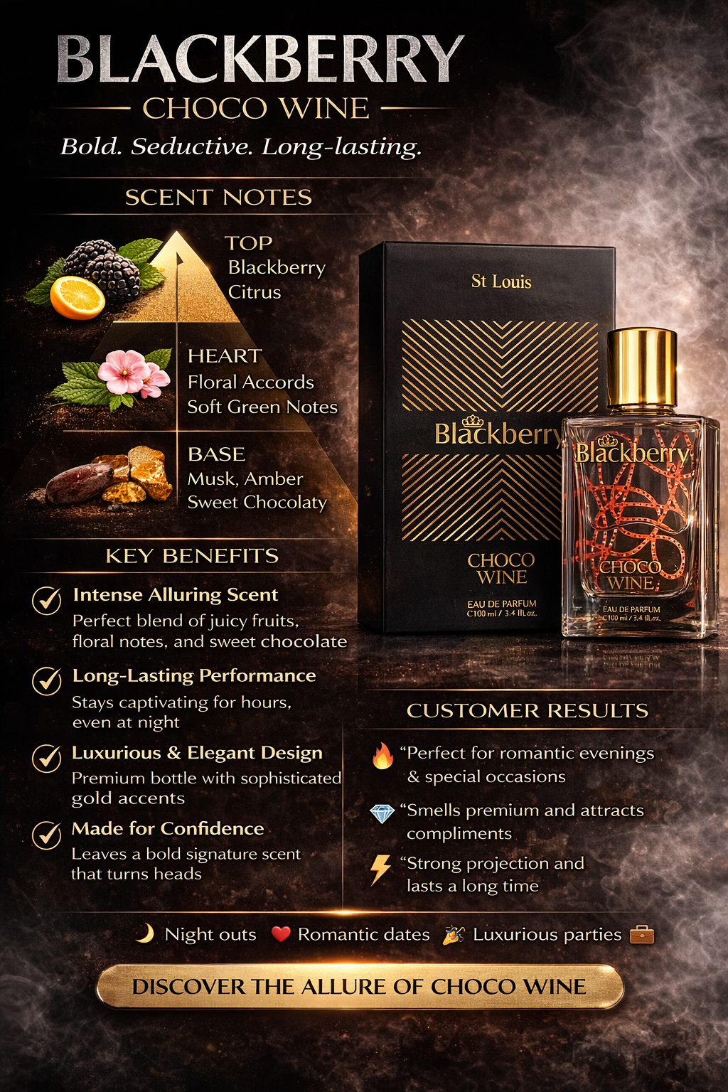St Louis Blackberry Choco Wine Eau De Parfum 100ml – Long Lasting Fruity Gourmand Perfume | Sweet Chocolate Musky Fragrance | Premium Night Wear Scent
