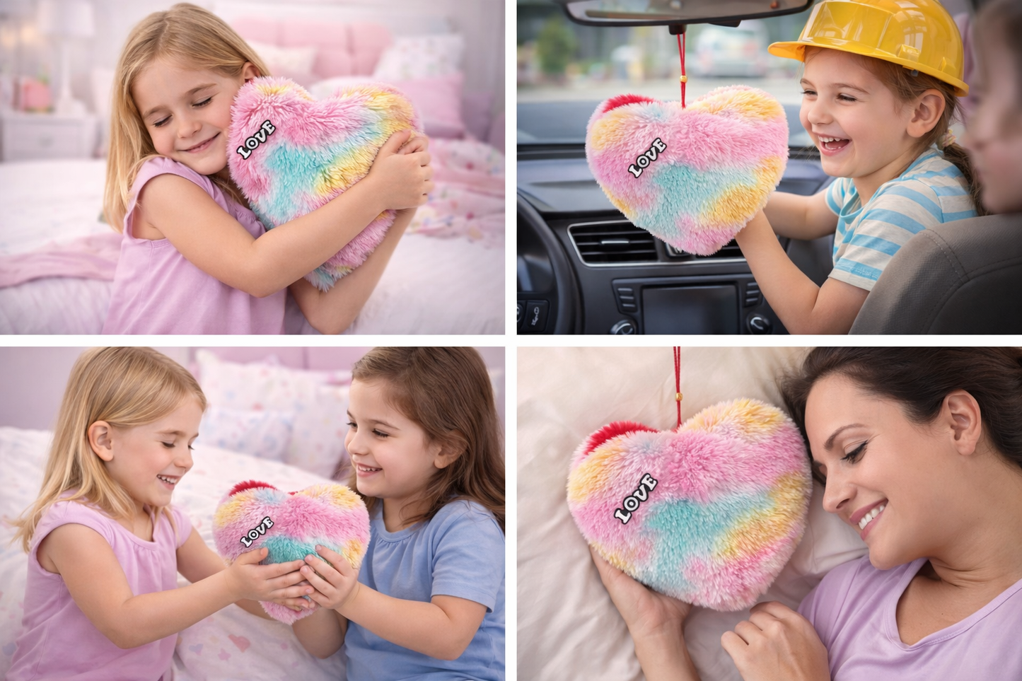 Plush Heart Pillow Soft Toy | Rainbow Fur Hanging Cushion with “Love” Embroidery