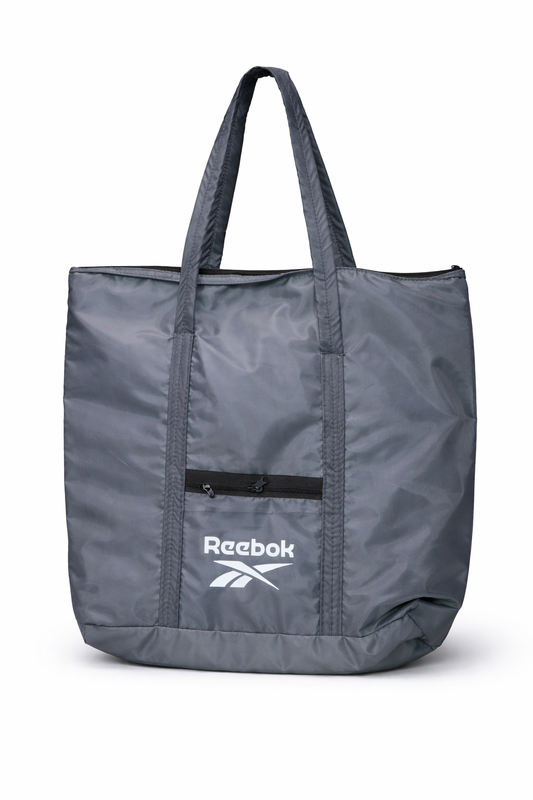 Reebok Large Tote Bag for Women & Men, Waterproof Nylon Travel Tote with Zipper Closure and Front Pocket, Charcoal Grey